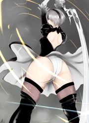 Rule 34 | 1girl, absurdres, ass, axel (artist), axel (t7x3xi116), backless outfit, black dress, black gloves, black thighhighs, blindfold, breasts, brown thighhighs, dress, gloves, hairband, highres, leotard, mole, mole under mouth, nier (series), nier:automata, short hair, skindentation, skirt, solo, thighhighs, thighs, two-sided fabric, two-sided skirt, wedgie, white gloves, white hair, white leotard, 2b (nier:automata)