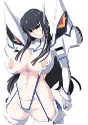 Rule 34 | 10s, 1girl, angry, areola slip, black hair, blue eyes, blush, breasts, covered erect nipples, curvy, female focus, highres, image sample, junketsu, kill la kill, kiryuuin satsuki, kunaboto, large breasts, long hair, looking at viewer, navel, pixiv sample, simple background, solo, thick thighs, thighs, wide hips