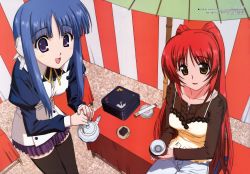 Rule 34 | 00s, 2girls, :d, absurdres, android, bench, bento, black legwear, blue hair, blush, bowl, brown eyes, buttons, camisole, casual, cup, food, fork, from above, highres, holding, ilfa (to heart), katou yasuhisa, kousaka tamaki, lace, lace-trimmed shirt, lace trim, leaning forward, long hair, looking at viewer, megami magazine, miniskirt, multiple girls, non-web source, official art, oil-paper umbrella, open mouth, pants, parted bangs, pillow, plate, pleated skirt, purple eyes, red hair, ribbon, robot ears, scan, shirt, short hair with long locks, sidelocks, sitting, skirt, smile, standing, striped, tea, teapot, thighhighs, to heart (series), to heart 2, twintails, two side up, umbrella, very long hair, volume81, zettai ryouiki