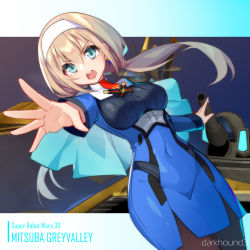 Rule 34 | 1girl, blonde hair, blue eyes, breasts, capelet, dark hound 3, hair behind ear, hairband, highres, large breasts, low twintails, mitsuba greyvalley, open mouth, pantyhose, signature, solo, super robot wars, super robot wars 30, twintails, white capelet, white hairband