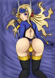 Rule 34 | 1girl, absurdres, arc system works, ass, back, black thighhighs, blazblue, blazblue: continuum shift, blonde hair, blue eyes, bodysuit, chisana-neko, crotch plate, forehead protector, gloves, highres, long hair, mecha musume, mu-12, open mouth, solo, thighhighs