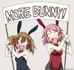 Rule 34 | 2girls, animal ears, banner, bare shoulders, black leotard, blush, bow, bowtie, breasts, brown hair, commentary, dated, detached collar, english text, facing viewer, fake animal ears, grey background, hair between eyes, hair ornament, hair ribbon, hairclip, highres, leotard, lisbeth (sao), medium breasts, medium hair, more deban, multiple girls, no eyes, pantyhose, pink hair, playboy bunny, rabbit ears, rectangular mouth, red leotard, red ribbon, ribbon, shikei, signature, silica, simple background, sword art online, twintails, v-shaped eyebrows, wrist cuffs