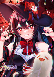 Rule 34 | 1girl, bare shoulders, black hair, black hat, black nails, boo tao (genshin impact), bow, bowtie, commentary, corset, felielle, genshin impact, grin, hands up, hat, hu tao (genshin impact), long hair, looking at viewer, nail polish, red bow, red bowtie, red eyes, sidelocks, smile, solo, upper body, witch hat