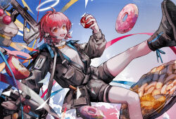 Rule 34 | 1girl, :d, absurdres, ahoge, apple, apple slice, arknights, black footwear, black jacket, black shorts, commentary request, doughnut, exusiai (arknights), fang, food, fruit, gun, halo, headset, highres, holding, holding food, holding fruit, jacket, long sleeves, looking at viewer, mido (mido chen), open clothes, open jacket, open mouth, orange eyes, pie, puffy long sleeves, puffy sleeves, red apple, red hair, shirt, shoe soles, shoes, short shorts, shorts, smile, solo, thigh strap, weapon, white shirt