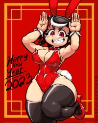 Rule 34 | 1girl, 2023, animal ears, aronnecroman, black thighhighs, bow, bowtie, breasts, cleavage, commentary, detached collar, english commentary, english text, happy new year, high heels, highres, horns, kijin seija, large breasts, leotard, looking at viewer, multicolored hair, new year, rabbit ears, rabbit pose, rabbit tail, red background, red bow, red bowtie, red eyes, red footwear, red hair, red leotard, sharp teeth, short hair, solo, streaked hair, tail, teeth, thighhighs, touhou, white hair, wrist cuffs