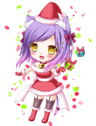 Rule 34 | 1girl, :d, animal ears, bare shoulders, bell, box, cat ears, cat tail, chibi, choker, christmas, gift, gift box, hair ornament, hairclip, hat, looking at viewer, open mouth, original, purple hair, santa costume, santa hat, shitou, smile, solo, tail, yellow eyes