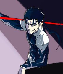 Rule 34 | 1boy, armor, blue hair, commentary request, cu chulainn (fate), fate/grand order, fate/stay night, fate (series), gae bolg (fate), cu chulainn (fate/stay night), looking at viewer, on shoulder, pauldrons, polearm, ponytail, red eyes, shiromanta, shoulder armor, smirk, spear, weapon