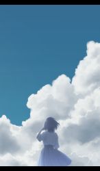 Rule 34 | 1girl, absurdres, black hair, blue sky, cloud, commentary request, cumulonimbus cloud, from behind, grey skirt, highres, letterboxed, nengoro, original, scenery, shirt, short hair, short sleeves, signature, skirt, sky, solo, summer, white shirt