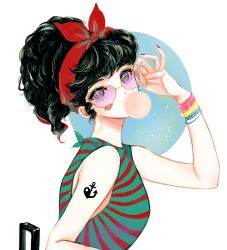 Rule 34 | 1girl, adjusting eyewear, adjusting glasses, anchor symbol, anchor tattoo, arm tattoo, black hair, blouse, bow, bow hairband, bracelet, blowing bubbles, chewing gum, curly hair, grey eyes, hair bow, hairband, highres, jewelry, long hair, looking at viewer, original, pagaraga, pink-tinted eyewear, pink-tinted glasses, ponytail, shirt, simple background, sleeveless, sleeveless shirt, solo, striped clothes, striped shirt, sunglasses, tattoo, tinted eyewear