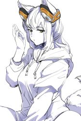 Rule 34 | 1girl, animal ears, bow (bhp), closed mouth, earphones on animal ears, fox ears, fox tail, green eyes, hand up, hood, hood down, hoodie, jitome, long sleeves, looking at viewer, original, simple background, sitting, solo, spot color, tail, white background
