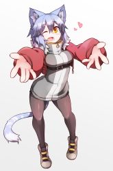 Rule 34 | 1girl, animal ears, blue hair, blush, breasts, cat ears, cat tail, fur trim, heart, highres, incoming hug, jacket, looking at viewer, medium breasts, one eye closed, open mouth, orange eyes, original, outstretched arms, pantyhose, red jacket, ryota tentei, scar, short hair, shorts, smile, solo, tail, tora tentei