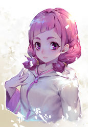 Rule 34 | 10s, 1girl, blush, cropped torso, diagonal bangs, hair tie, hand on own chest, hugtto! precure, jacket, light smile, lips, long hair, long sleeves, looking at viewer, medium hair, melonplus, nono hana, parted lips, pink hair, precure, purple eyes, solo, thick eyebrows, track jacket, upper body, white jacket, zipper