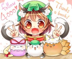 Rule 34 | 0 0, 1girl, :3, animal ears, animal hat, blonde hair, blush, bow, brown hair, cat ears, chen, double v, earrings, english text, fang, fluffy, green hat, hair bow, hat, hat ribbon, heart, heart background, ibaraki natou, jewelry, looking at viewer, mob cap, multiple tails, o o, open mouth, orange eyes, red vest, ribbon, short hair, sidelocks, slit pupils, smile, solo, tail, thank you, touhou, two tails, v, vest, yakumo ran, yakumo yukari