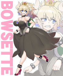 Rule 34 | 1girl, bare shoulders, black dress, blonde hair, blue eyes, blush, bowsette, bracelet, breasts, cleavage, collar, crown, dress, earrings, high heels, horns, jewelry, large breasts, mario (series), nail polish, nintendo, open mouth, pointy ears, solo, spiked bracelet, spiked collar, spikes, super crown, wata do chinkuru