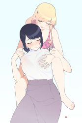 Rule 34 | 2girls, black hair, blonde hair, blouse, blush, grabbing another&#039;s breast, breasts, closed eyes, feet, grabbing, grabbing from behind, gradient background, groping, hand under clothes, highres, large breasts, long hair, mole, mole under mouth, multiple girls, open mouth, pencil skirt, shirt, signature, simple background, skirt, sleeveless, sleeveless turtleneck, sweatdrop, tank top, turtleneck, white shirt, yan wan, yuri