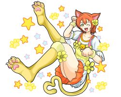 Rule 34 | 1girl, ;), absurdres, animal ears, animal print, arcadia gwsns, artist name, artist request, bare legs, blush, breasts, cat ears, cat print, cat tail, clenched hands, collarbone, cosplay, female focus, flower, full body, green eyes, hair between eyes, hair flower, hair ornament, highres, hoshizora rin, leg up, looking at viewer, love live!, love live! school idol project, one eye closed, orange hair, orange skirt, parted lips, paw pose, puffy short sleeves, puffy sleeves, scrunchie, shirt, short hair, short sleeves, skirt, small breasts, smile, solo, tail, white background, white shirt, white skirt, wrist scrunchie, yellow eyes, yellow flower, yellow scrunchie