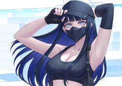 Rule 34 | 1girl, armpits, arms up, bare shoulders, baseball cap, black gloves, black hat, blue archive, blue eyes, blue hair, blunt bangs, breasts, cleavage, collarbone, commentary, crop top, fingerless gloves, gloves, hat, highres, large breasts, long hair, looking at viewer, mask, midriff, mouth mask, saori (blue archive), solo, sports bra, sthreep, upper body, very long hair
