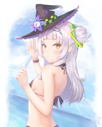 Rule 34 | 1girl, bare back, bare shoulders, bikini, blunt bangs, blush, breasts, closed mouth, food, hair bun, hair ornament, hat, highres, hololive, long hair, looking at viewer, murasaki shion, murasaki shion (hololive summer 2019), ocean, official alternate costume, orange eyes, outdoors, popsicle, shoulder blades, sideboob, single hair bun, single side bun, sky, small breasts, solo, sora09128, swimsuit, virtual youtuber, witch hat