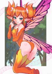 Rule 34 | 1other, absurdres, ass, bare shoulders, beamed eighth notes, blue eyes, blush, breasts, butterfly wings, detached sleeves, eighth note, fairy, feo ul, final fantasy, final fantasy xiv, fingernails, grin, hand up, highres, insect wings, leotard, long fingernails, long sleeves, musical note, nail polish, orange hair, orange leotard, orange thighhighs, pantyhose, pointy ears, purple nails, purple wings, quarter note, sharp fingernails, shiroganeff, short hair, short twintails, sidelocks, small breasts, smile, solo, sparkle, staff (music), strapless, strapless leotard, teeth, thighhighs, tree, twintails, uneven eyes, wings