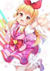 Rule 34 | 1girl, :d, aikatsu!, aikatsu! (series), arm up, blonde hair, blush, bow, collared shirt, commentary request, hair ribbon, heart, highres, holding, hoshimiya ichigo, long hair, necktie, open mouth, outstretched arm, pink vest, pleated skirt, puffy short sleeves, puffy sleeves, purple footwear, purple skirt, red bow, red eyes, red necktie, red ribbon, ribbon, shirt, shoes, short sleeves, single wrist cuff, skirt, smile, socks, solo, standing, standing on one leg, star (symbol), torokeru none, very long hair, vest, white shirt, white socks, wrist cuffs