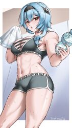 Rule 34 | 1girl, :o, bare arms, bare shoulders, black hairband, blue hair, blue nails, bottle, breasts, brown eyes, burnt green tea, character name, cleavage, clothes writing, commentary, cowboy shot, crop top, eula (genshin impact), genshin impact, grey shorts, hairband, highres, holding, holding bottle, looking at viewer, medium breasts, midriff, nail polish, navel, short hair, short shorts, shorts, solo, sports bra, standing, stomach, sweat, thighs, water bottle