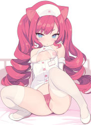 Rule 34 | 1girl, animal ear fluff, animal ears, bare shoulders, blade (galaxist), blue eyes, blush, breasts, cat ears, closed mouth, commentary request, dress, elbow gloves, gloves, hat, highres, knees up, long hair, medium breasts, nurse cap, original, panties, red hair, red panties, shoes, sleeveless, sleeveless dress, solo, spread legs, thighhighs, twintails, underwear, very long hair, white dress, white footwear, white gloves, white hat, white thighhighs