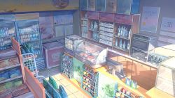 Rule 34 | alcohol, bad id, bad pixiv id, can, cash register, cigarette, cigarette pack, coffee maker, commentary request, convenience store, drink can, food, freezer, highres, liquor, meat, no humans, original, package, refrigerator, scenery, shelf, shop, soda can, sunlight, user swzc2434