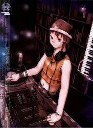 Rule 34 | 1990s (style), 1girl, abe yoshitoshi, absurdres, animal ears, bear ears, bottle, bracelet, brown eyes, brown hair, cowboy shot, dj, female focus, hair ornament, hairclip, hat, headphones, headphones around neck, highres, indoors, instrument, iwakura lain, jewelry, keyboard, keyboard (instrument), midriff, mixer, necklace, official art, phonograph, ring, serial experiments lain, solo, standing, synthesizer, turntable
