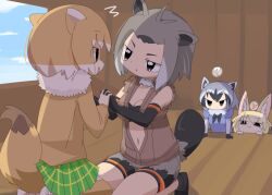 Rule 34 | 4girls, ?, american beaver (kemono friends), animal ears, antenna hair, bandeau, black-tailed prairie dog (kemono friends), black bandeau, black gloves, black shorts, blonde hair, breasts, brown eyes, brown shirt, cleavage, closed mouth, commentary request, common raccoon (kemono friends), elbow gloves, feet out of frame, fennec (kemono friends), fox ears, fox girl, gloves, grey hair, heart, holding hands, indoors, kemono friends, lets0020, looking at another, medium bangs, medium breasts, multiple girls, navel, open clothes, open mouth, open shirt, plaid, plaid skirt, raccoon ears, raccoon girl, shirt, shorts, skirt, smile, torn clothes, torn sleeves, yuri