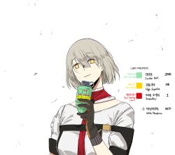 Rule 34 | 1girl, ammunition, bright pupils, explosive, girls&#039; frontline, gloves, grenade, huqu, light brown hair, looking at viewer, mixed-language text, parted lips, short hair, smile, solo, vector (girls&#039; frontline), white background, white phosphorus, white pupils