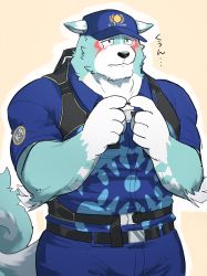 Rule 34 | 1boy, 1hao (@cerbero64), animal ears, bara, blue fur, bulge, chest harness, cowboy shot, ears down, fidgeting, furry, furry male, harness, highres, index fingers together, large tail, male focus, muscular, muscular male, oguchi magami, pectorals, police, police uniform, policeman, solo, tail, tearing up, tokyo houkago summoners, uniform, white fur, wolf boy, wolf ears