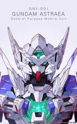 Rule 34 | absurdres, artist name, azzalea, character name, commentary, english commentary, gradient background, green eyes, gundam, gundam 00, gundam 00f, gundam astraea, highres, looking at viewer, mecha, mobile suit, no humans, portrait, robot, science fiction, solo, v-fin