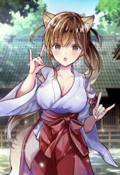 Rule 34 | 1girl, animal ears, blush, breasts, brown eyes, brown hair, cleavage, commentary request, cowboy shot, detached sleeves, double fox shadow puppet, fox ears, fox girl, fox shadow puppet, fox tail, hakama, hakama skirt, hand up, highres, hip vent, japanese clothes, kosode, large breasts, looking at viewer, medium bangs, miko, nontraditional miko, open mouth, original, ponytail, red hakama, shrine, signature, skirt, solo, standing, tail, teeth, tinkle2013, upper teeth only