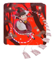 Rule 34 | 10s, 176feet, 1boy, arm up, bare shoulders, black hair, bow, crossover, detached sleeves, facing viewer, frilled shirt collar, frills, hair bow, hair tubes, hakurei reimu, highres, holding, long hair, long sleeves, male focus, matsuno osomatsu, open mouth, osomatsu-san, parody, red background, red bow, ribbon-trimmed sleeves, ribbon trim, simple background, smile, socks, solo, touhou, white socks, wide sleeves, yellow neckwear