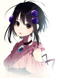 Rule 34 | 1girl, black hair, brooch, brown eyes, choker, dress, hair ornament, jewelry, looking at viewer, mamyouda, open mouth, reala (tales), short hair, simple background, smile, solo, tales of (series), tales of destiny 2, very short hair, white background