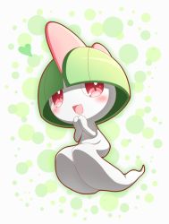 Rule 34 | blush, creatures (company), full body, game freak, gen 3 pokemon, green hair, heart, looking at viewer, nintendo, no humans, open mouth, own hands together, pokemon, pokemon (creature), ralts, red eyes, simple background, smile, solo