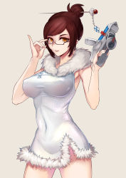 Rule 34 | 1girl, adapted costume, armpits, beige background, black-framed eyewear, breasts, brown eyes, brown hair, china dress, chinese clothes, covered navel, cowboy shot, dress, fur collar, fur trim, glasses, gun, hair bun, hair ornament, hair stick, hands up, highres, holding, holding gun, holding weapon, japanese clothes, kimono, large breasts, liu lan, mei (overwatch), overwatch, overwatch 1, red lips, semi-rimless eyewear, short hair, side slit, simple background, single hair bun, sleeveless, sleeveless kimono, solo, standing, thighs, under-rim eyewear, weapon
