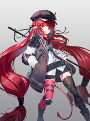 Rule 34 | 1girl, absurdres, arknights, armor, asymmetrical legwear, belt, black coat, black hat, black skirt, boots, braid, brown thighhighs, cabbie hat, coat, dress shirt, hair ornament, hairclip, hand in pocket, hat, highres, holding, horns, knee pads, long hair, looking at viewer, miniskirt, mismatched legwear, ohihil, open clothes, open coat, open mouth, pauldrons, pink thighhighs, pointy ears, polearm, raglan sleeves, red eyes, red hair, shirt, shoulder armor, skirt, smile, solo, strap, studded belt, tail, thighhighs, very long hair, vigna (arknights), weapon, white shirt, zettai ryouiki