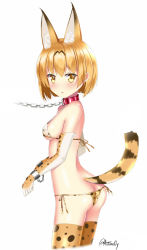 Rule 34 | 10s, 1girl, adapted costume, animal ears, ass, bad id, bad pixiv id, bikini, blonde hair, blush, breasts, cat ears, cat tail, chain, collar, covered erect nipples, cuffs, eyebrows, globe, handcuffs, kemono friends, medium breasts, nipples, open mouth, puririn, serval (kemono friends), short hair, simple background, solo, swimsuit, tail, yellow eyes