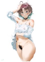 Rule 34 | 1girl, absurdres, ahoge, aqua eyes, aqua hair, arm up, armpit crease, asakura toru, bare shoulders, black choker, blush, breasts, brown hair, choker, cleavage, cleft of venus, clothes lift, commentary request, cowboy shot, cropped legs, dress, dress lift, earrings, excessive pubic hair, female pubic hair, frilled dress, frills, gradient hair, groin, hero neisan, highres, idolmaster, idolmaster shiny colors, jewelry, lifted by self, looking at viewer, medium breasts, messy hair, mismatched pubic hair, multicolored hair, navel, no panties, off-shoulder dress, off shoulder, parted bangs, parted lips, pubic hair, see-through, short hair, simple background, smile, solo, sparkle, standing, steaming body, stomach, thick thighs, thighs, white background, white dress