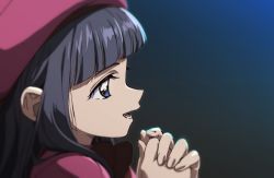 Rule 34 | 1girl, :d, artist request, black hair, blue eyes, blunt bangs, blurry, blurry foreground, camcorder, camera, cardcaptor sakura, commentary request, daidouji tomoyo, from side, hat, holding, holding camera, long hair, long sleeves, looking at viewer, non-web source, open mouth, own hands together, skirt, smile, solo, source request, teeth, upper body, upper teeth only, video camera, white hat, white skirt, wrist cuffs