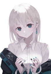 Rule 34 | 1girl, black jacket, black nails, blue eyes, blue nails, breasts, closed mouth, collared shirt, commentary, cuffs, dress shirt, earrings, english commentary, hair between eyes, handcuffs, hands up, highres, jacket, jewelry, looking at viewer, multicolored nails, nail polish, off shoulder, ogami ren, open clothes, open jacket, original, shirt, simple background, small breasts, solo, upper body, white background, white hair, white shirt