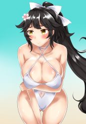 Rule 34 | 1girl, arlonn, azur lane, black hair, blue background, bow, breasts, brown eyes, casual one-piece swimsuit, cleavage, cowboy shot, gluteal fold, hair bow, hair flaps, highres, large breasts, leaning forward, long hair, looking to the side, one-piece swimsuit, ponytail, simple background, solo, standing, swimsuit, takao (azur lane), takao (beach rhapsody) (azur lane), white bow, white one-piece swimsuit