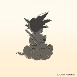 Rule 34 | 1boy, 2024, artist name, back turned, black hair, child, cloud, commentary, dragon ball, dragon ball (classic), english commentary, english text, flying nimbus, greyscale, male focus, monochrome, quasimodox, scouter, signature, simple background, solo focus, son goku, spiked hair, staff