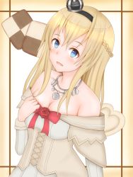 Rule 34 | 1girl, blonde hair, blue eyes, braid, checkered cookie, cookie, crown, dress, flower, food, french braid, kamizuki, kantai collection, long hair, long sleeves, looking at viewer, mini crown, off-shoulder dress, off shoulder, red flower, red ribbon, red rose, ribbon, rose, solo, upper body, warspite (kancolle), white dress