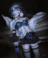 Rule 34 | 1girl, absurdres, belt, black skirt, blood, blood on clothes, blood on face, blue blood, blue eyes, blue hair, cape, corset, covered mouth, covering own mouth, dark background, feet out of frame, fortissimo, gloves, hair ornament, hand on own face, highres, holding, holding sword, holding weapon, k041800, looking at viewer, magical girl, mahou shoujo madoka magica, mahou shoujo madoka magica (anime), miki sayaka, musical note, musical note hair ornament, outdoors, pale skin, pleated skirt, short hair, signature, skirt, solo, standing, stylized blood, sword, tears, thighhighs, weapon, white cape, white corset, white gloves, white thighhighs, zettai ryouiki
