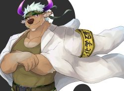 Rule 34 | 1boy, absurdres, animal ears, armband, bad id, bad pixiv id, bara, belt, brown fur, camouflage, camouflage headwear, camouflage pants, chest hair, coat, coat on shoulders, cow ears, cow horns, doctor, facial hair, furry, furry male, goatee, green tank top, headband, highres, horns, huying you, lab coat, large pectorals, male focus, minotaur, mint, muscular, muscular male, pants, pectoral cleavage, pectorals, purple eyes, purple horns, shennong (housamo), short hair, solo, tank top, tokyo houkago summoners, white hair, yin yang