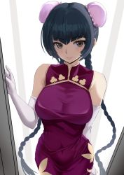 Rule 34 | 1girl, arm behind back, black hair, blush, braid, breasts, brown eyes, bun cover, china dress, chinese clothes, closed mouth, commentary, covered navel, cowboy shot, curvy, double bun, dress, elbow gloves, gloves, gundam, gundam 00, hair bun, kesoshirou, large breasts, lips, long hair, looking at viewer, paid reward available, purple dress, simple background, sleeveless, sleeveless dress, smile, solo, standing, taut clothes, taut dress, twin braids, twintails, wang liu mei, white background, white gloves