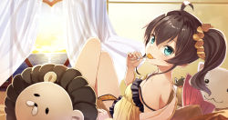 Rule 34 | 1girl, ahoge, animal-shaped pillow, bed, blue eyes, breasts, brown hair, candy, cloud, cloudy sky, commentary request, curtains, dawn, eating, ebi frion (matsuri channel), food, highres, hololive, lens flare, lollipop, looking at viewer, natsuiro matsuri, natsuiro matsuri (matsuri&#039;s day off), ocean, scrunchie, short hair, side ponytail, sky, small breasts, solo, tokumaro, virtual youtuber, window