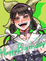 Rule 34 | 1girl, :d, bell, brown hair, buttons, chabashira tenko, choker, clenched hands, danganronpa (series), danganronpa v3: killing harmony, dated, double-breasted, fangs, green background, green hairband, hair ornament, hair ribbon, hairband, happy birthday, long hair, long sleeves, mole, mole under mouth, neck bell, open mouth, pink choker, ribbon, sailor collar, sake daikon, smile, solo, star (symbol), star hair ornament, teeth, upper body, white ribbon, white sailor collar